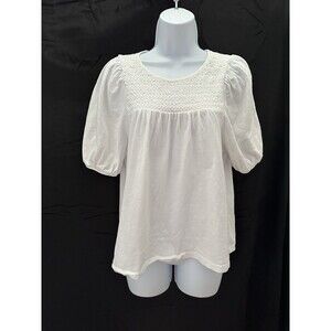 J.Crew Ladies White Short Puff Sleeve Top, Smocked Yoke, Round Neck, Sz M